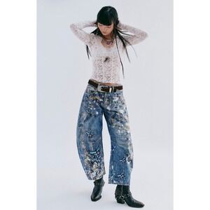We The Free Good Luck Barrel Jeans Butterfly Size 32 NWT Magnolia Paint Splatter